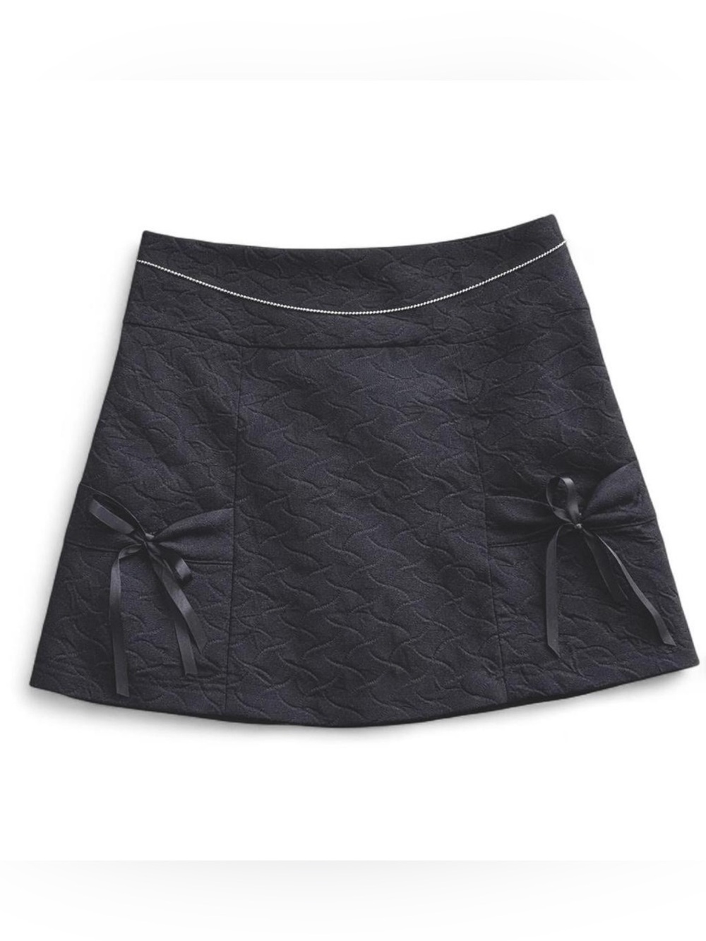 Black Textured Mini Skirt Ribbon Bow Detail Coquette Chic